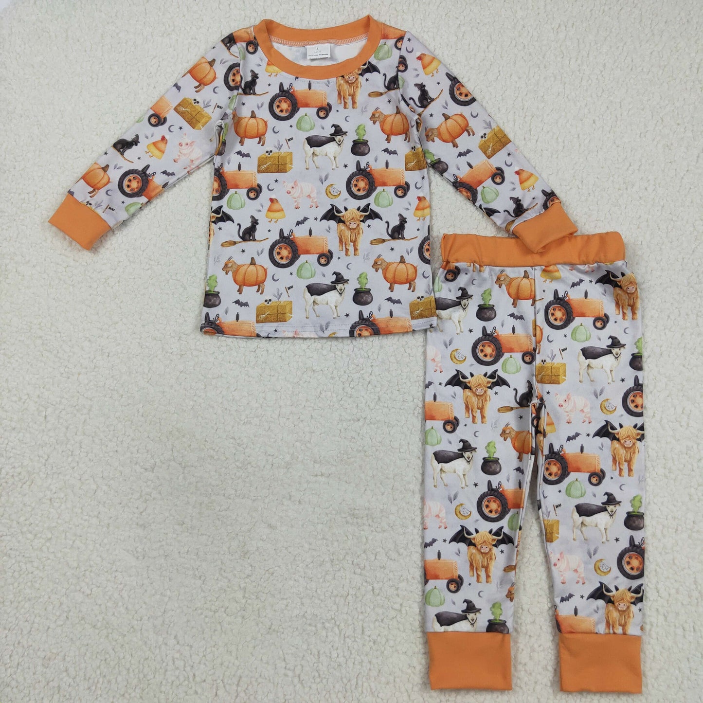 Custom moq 20 bamboo Hallooween farm cow tractor animals orange long sleeve pants boys pajamas