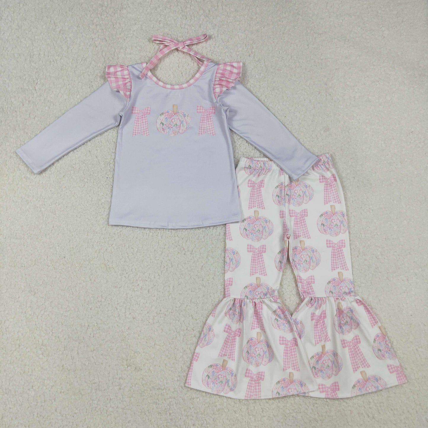 GLP2532 flowers pumpkin bows blue ruffles long sleeve pants girls set