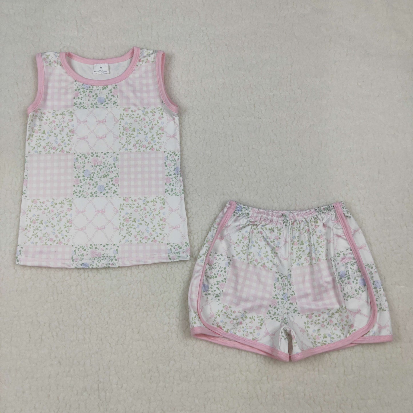 GSSO3168 Flowers Pink Bows Sleeveless Shorts Girls Set