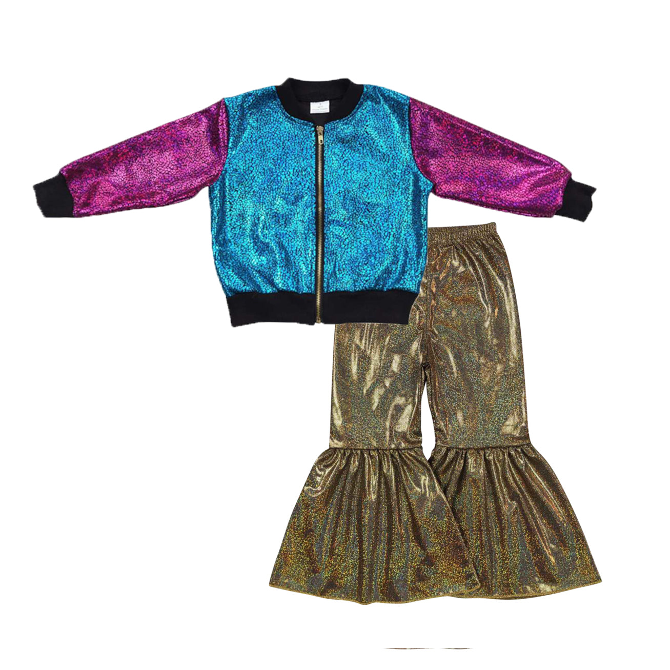 Blue hot pink long sleeve zipper kids disco coat brown disco pants girls set