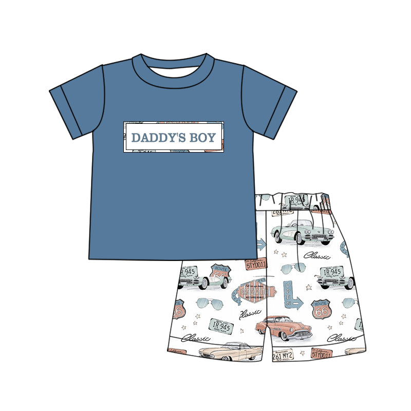 preorder tat 7-8 weeks car daddy's boy blue short sleeve car shorts boys set