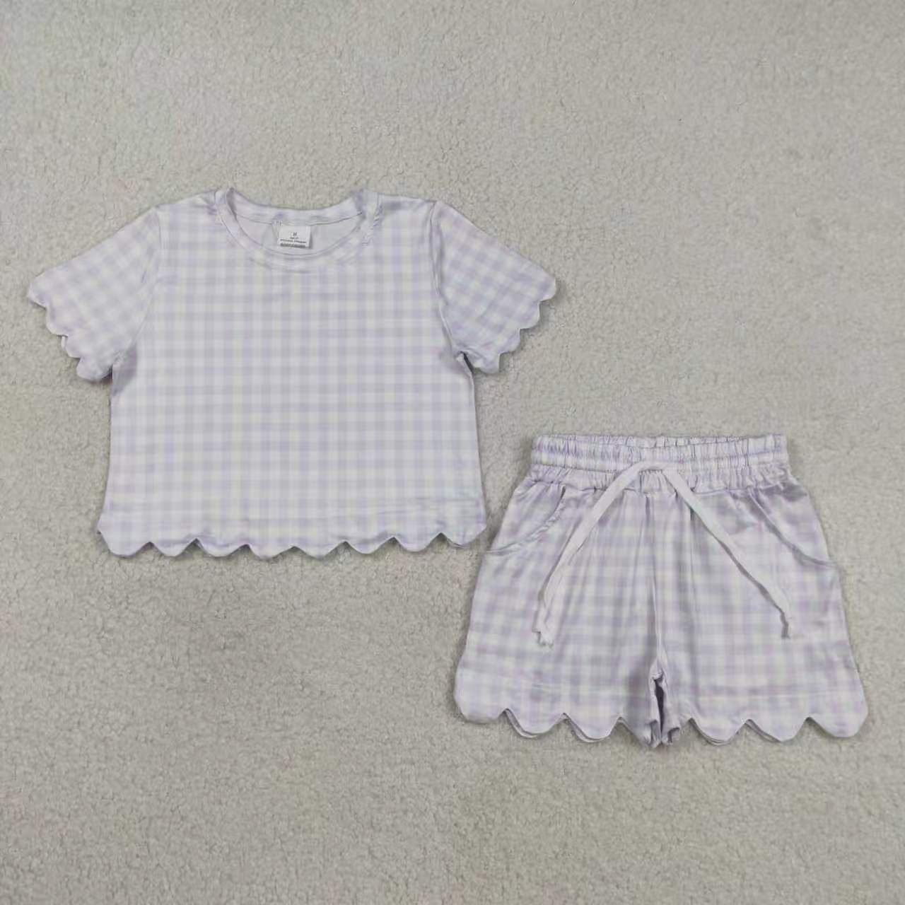 Checkered Scallop Short Sleeve Shorts Girls Set RTS Sibling Clothes