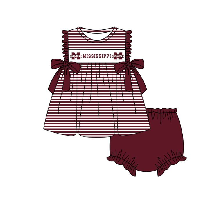 Custom Moq 3 Football Item Mississippi Maroon Bows Sleeveless Girls Bummies Set