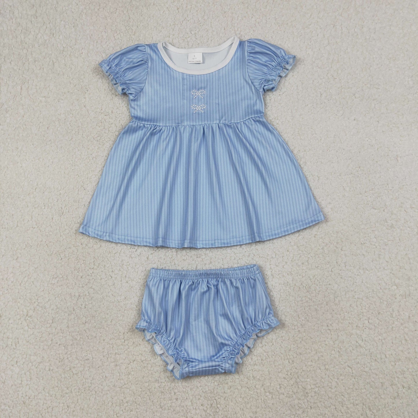 GBO0486 Bows Blue Short Sleeve Girls Bummies Set