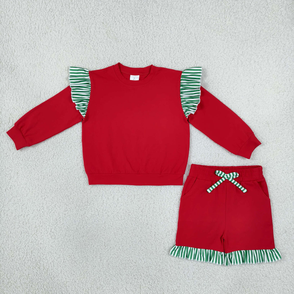 GLS0217 Cotton Red Long Sleeve Shorts Girls Set