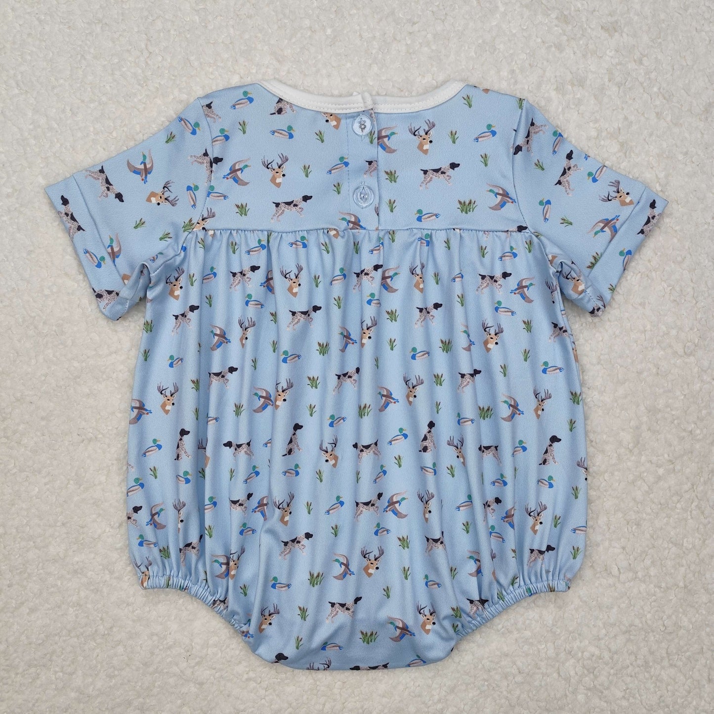 SR2275 hunting mallard duck deer dog blue short sleeve girls romper