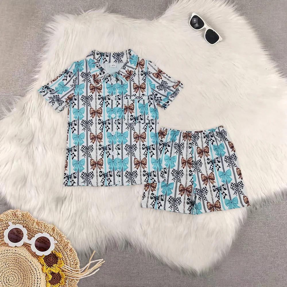mama and me blue/brown bows pajamas RTS sibling clothes