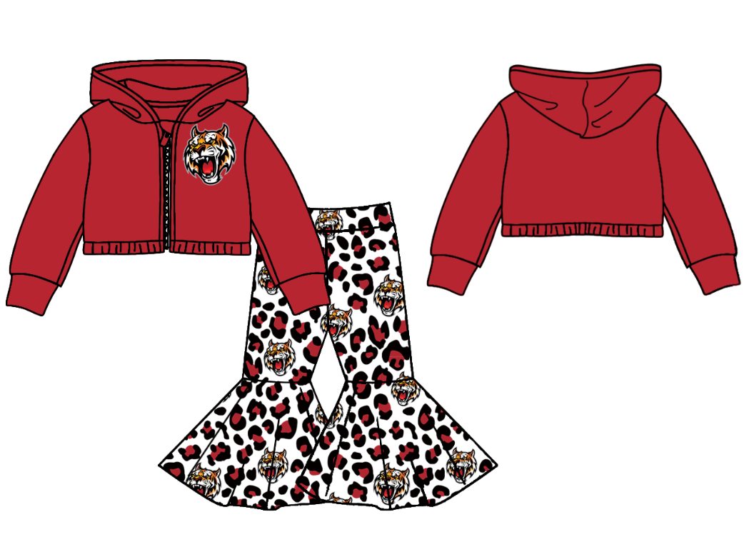 Custom Moq 3 football team tigers red long sleeve hoodie red leopard pants girls set