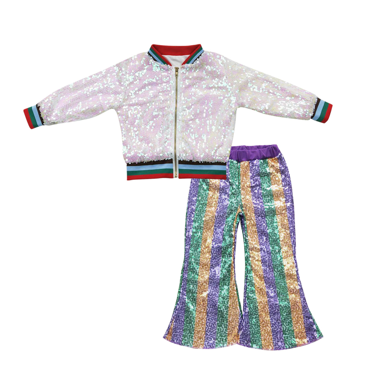 Pink long sleeve zipper kids disco coat purple green yellow sequin pants girls set