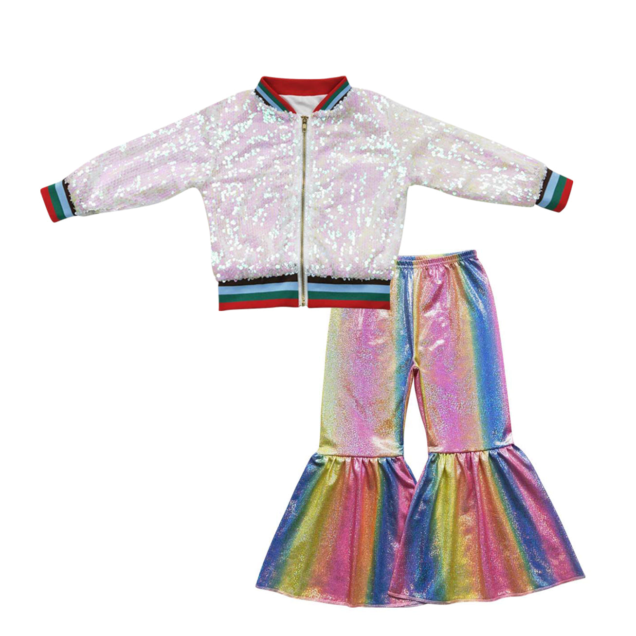 Pink long sleeve zipper kids disco coat rainbow disco pants girls set