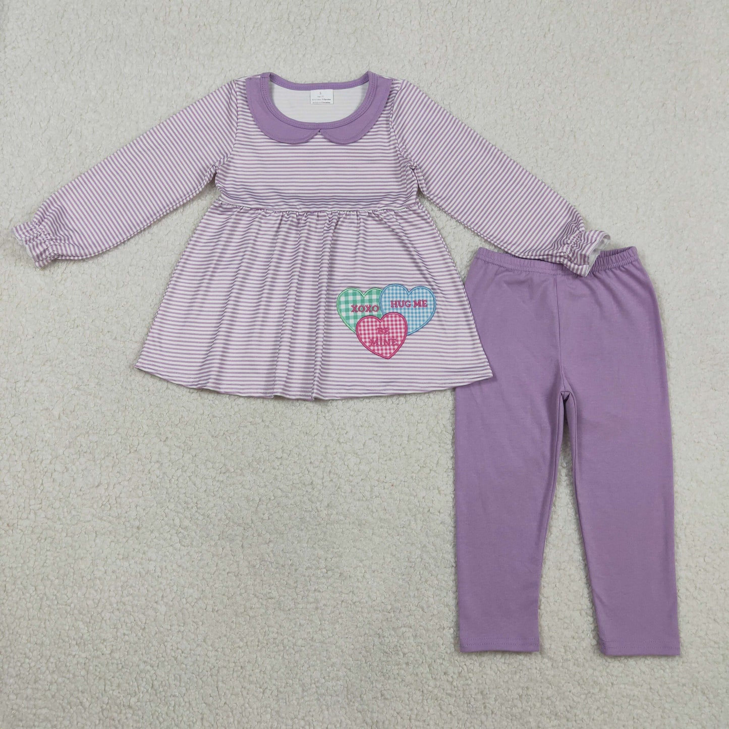 Embroidery GLP3262 Valentine's Day Heart Purple Striped Long Sleeve Pants Girls Set