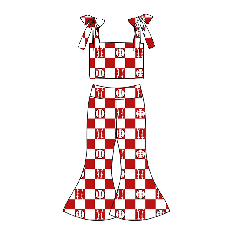 custom (moq 5)Baby Girls Baseball Red Straps Top Bell Pants Clothes Sets