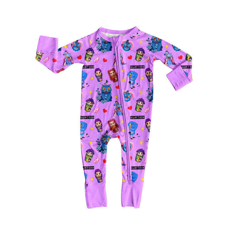 Custom moq 20 bamboo cartoon K witch cat flowers purple zipper long sleeve girls romper