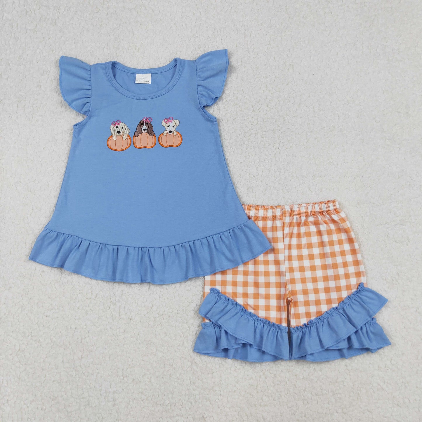 embroidery GSSO2700 Autumn dog pumpkin blue flutter sleeve orange checkered shorts girls set