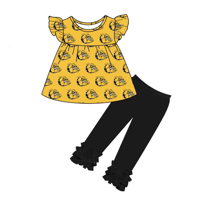 custom team set 2 Yellow flutter sleeve black pants girls set