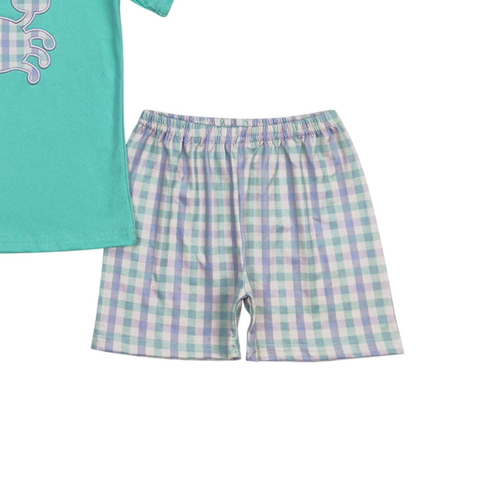 BSSO0638 embroidery Cab green short sleeve checkered shorts boys set