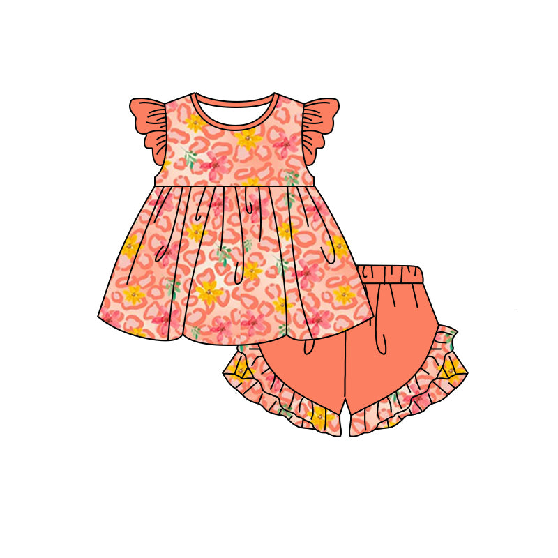Preorder GSSO0571 Yellow flowers orange leopard flutter sleeve orange shorts girls set