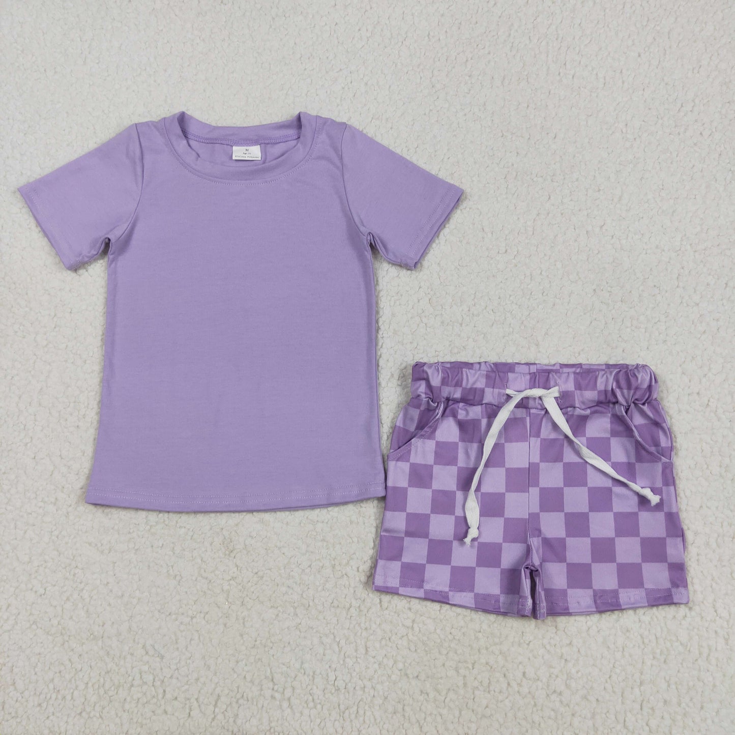GSSO2524 purple short sleeve blue checkered shorts boys set