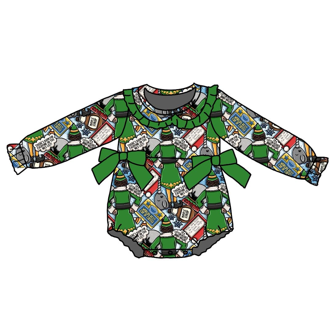 custom style Christmas green spirt bows long sleeve girls romper