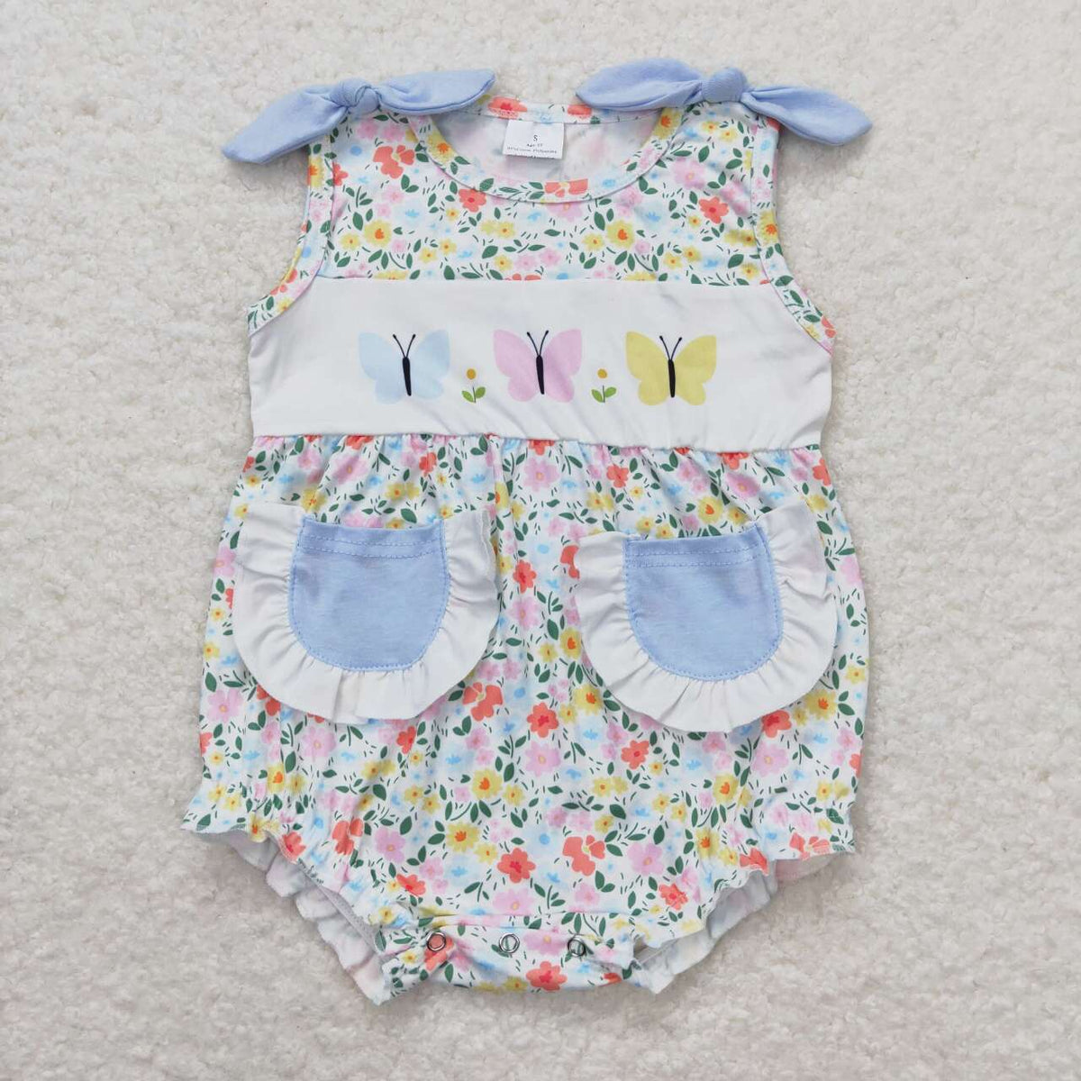 SR1192 colorful butterfly flowers pockets sleeveless girls romper