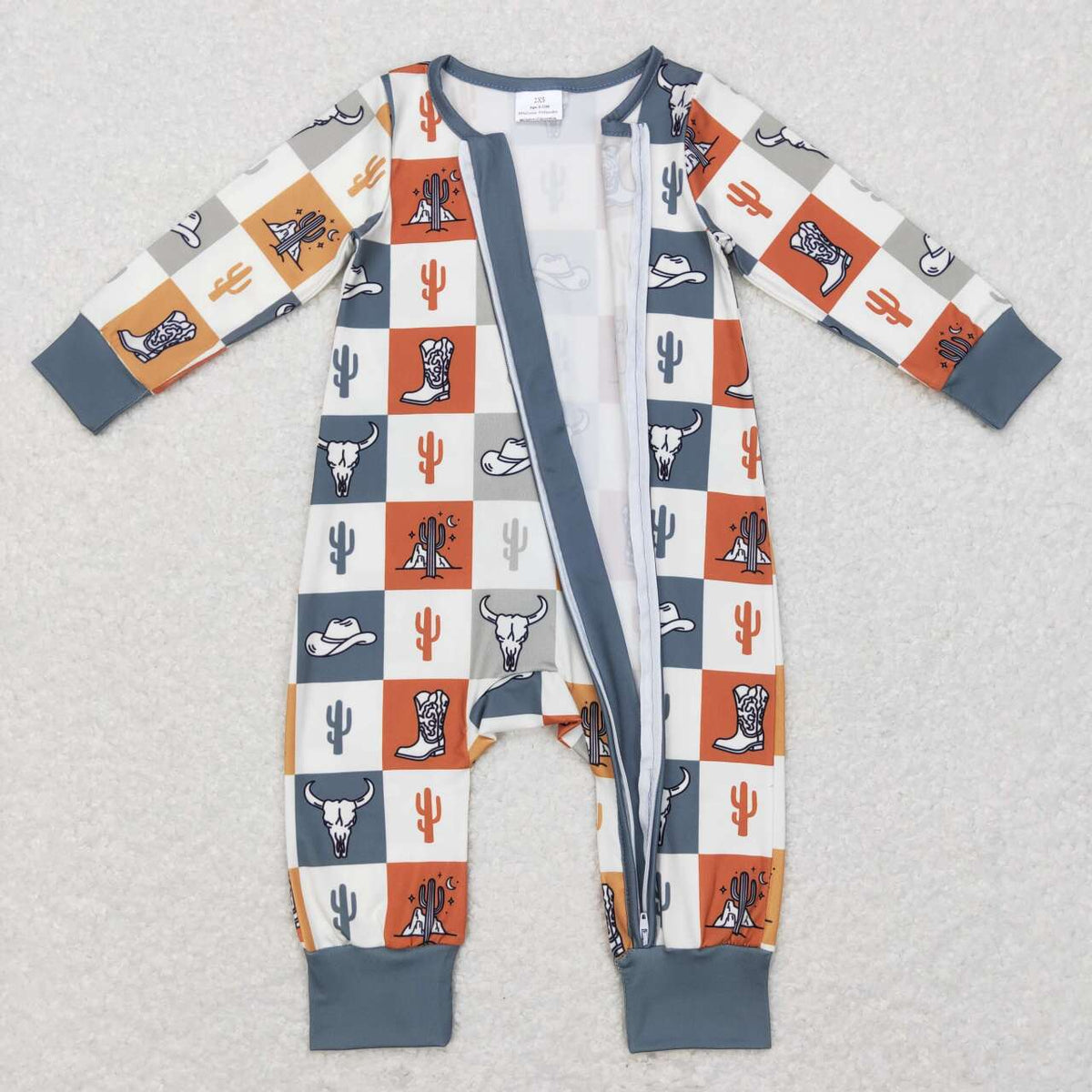 LR0803 Western cactus boot checkered long sleeve kids romper