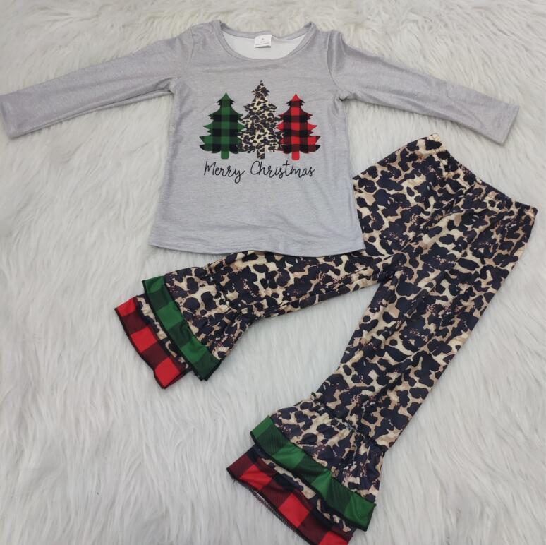 6 C6-38 Baby Girls Long Sleeve Merry Christmas Leopard Pants Kids Outfits