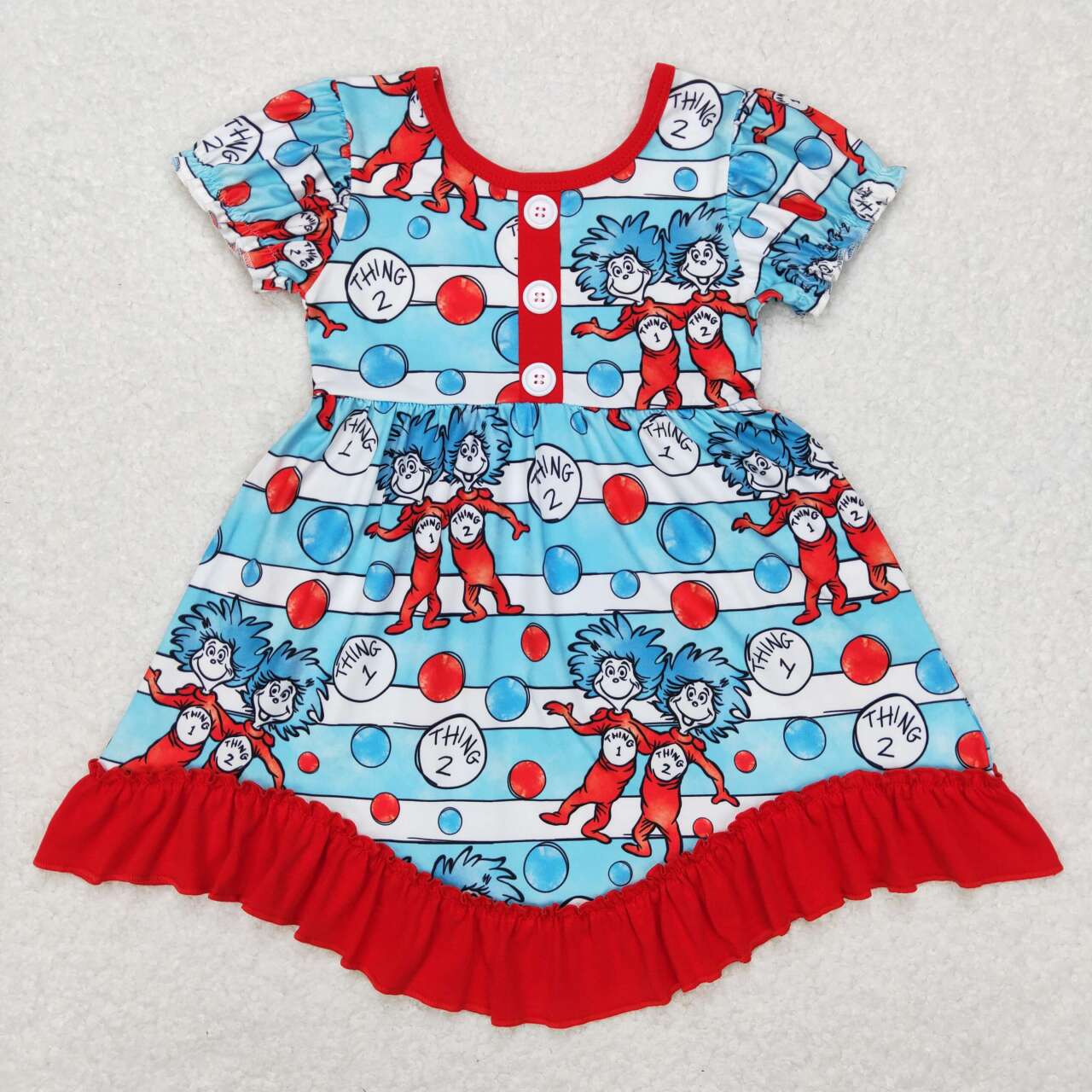 GSD0557 Dr Cartoon Blue Striped Short Sleeve Girls Dress