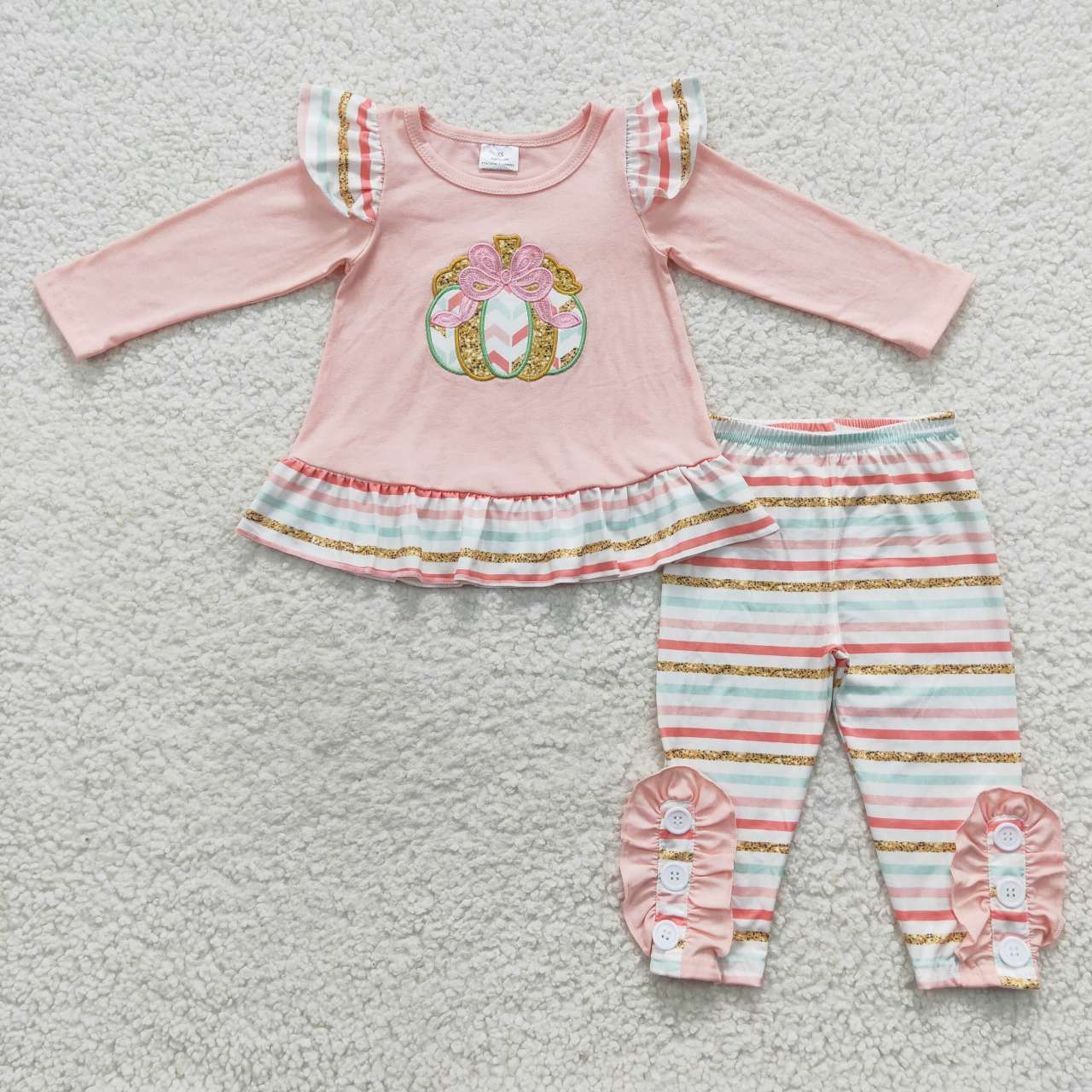 GLP0513 Pumpkin Pink Long Sleeves Colorful Striped Print Pants Girls Clothes