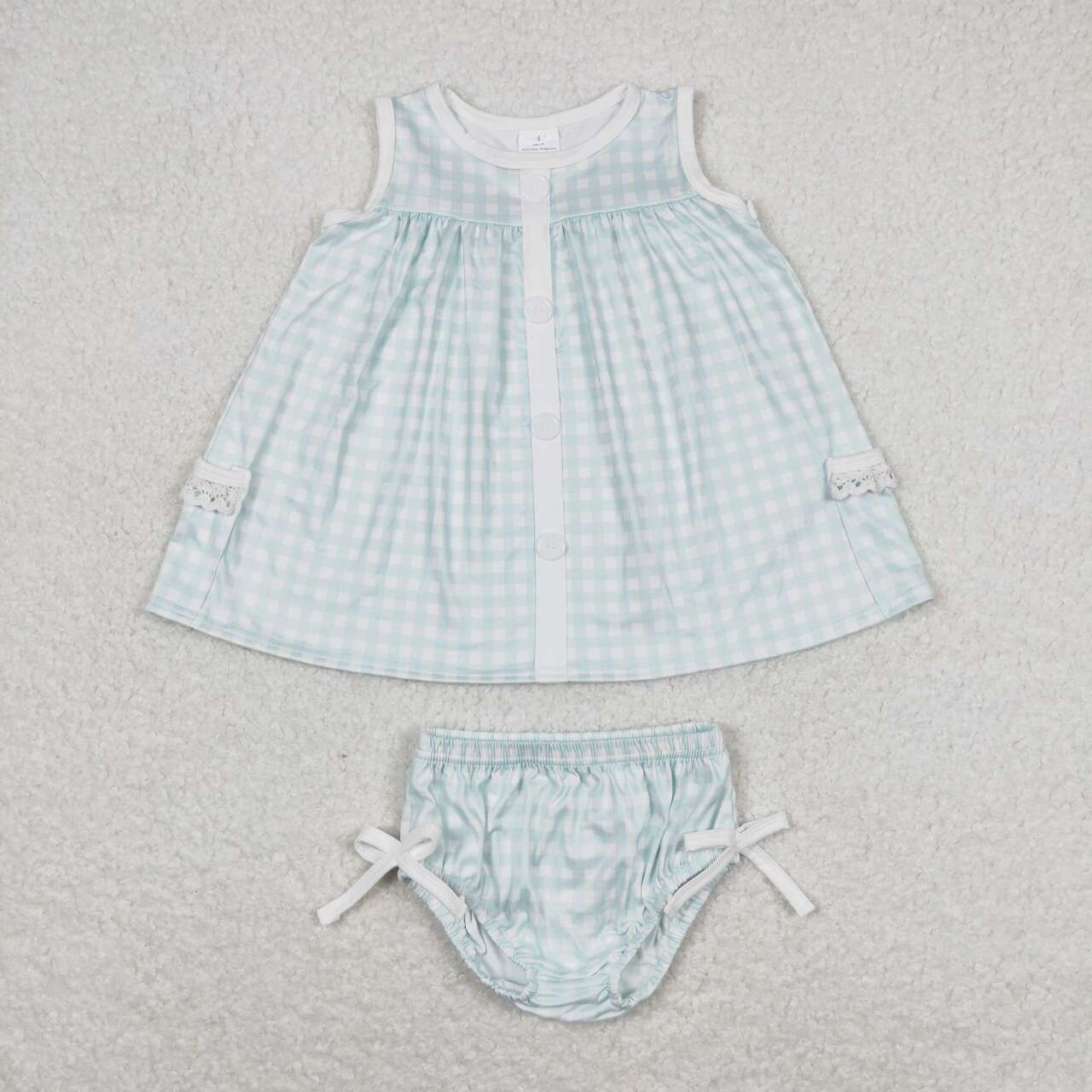 GBO0259 Light Green Checkered Sleeveless Girls Bummies Set