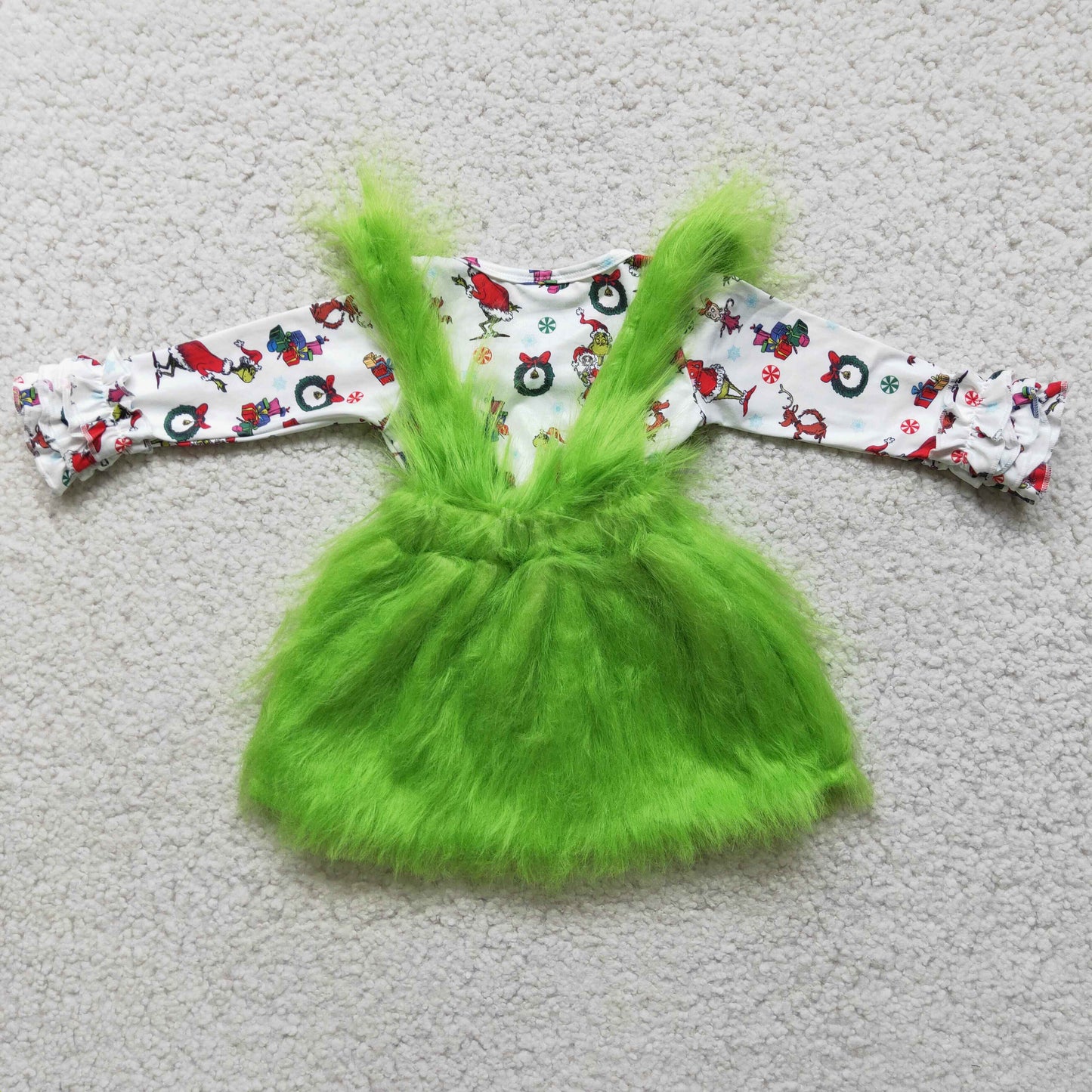 6 C11-39 Christmas green face cartoon long sleeve green fur dress girls set