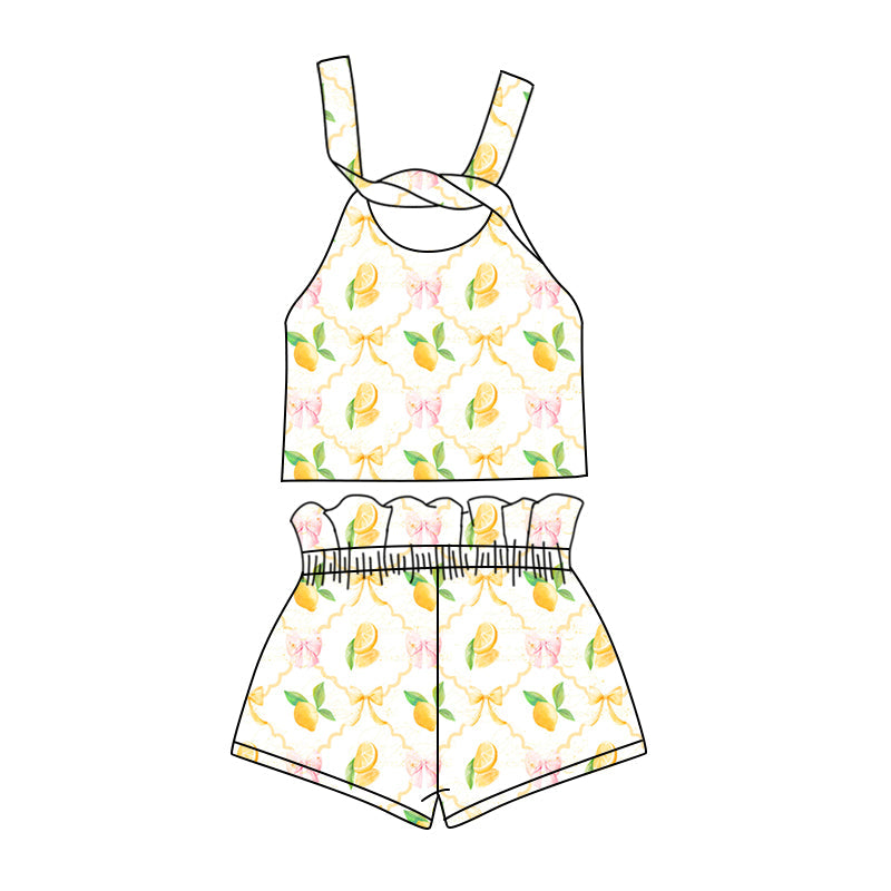 custom (moq 5)Baby Girls Lemon Bows Straps Top Shorts Clothes Sets