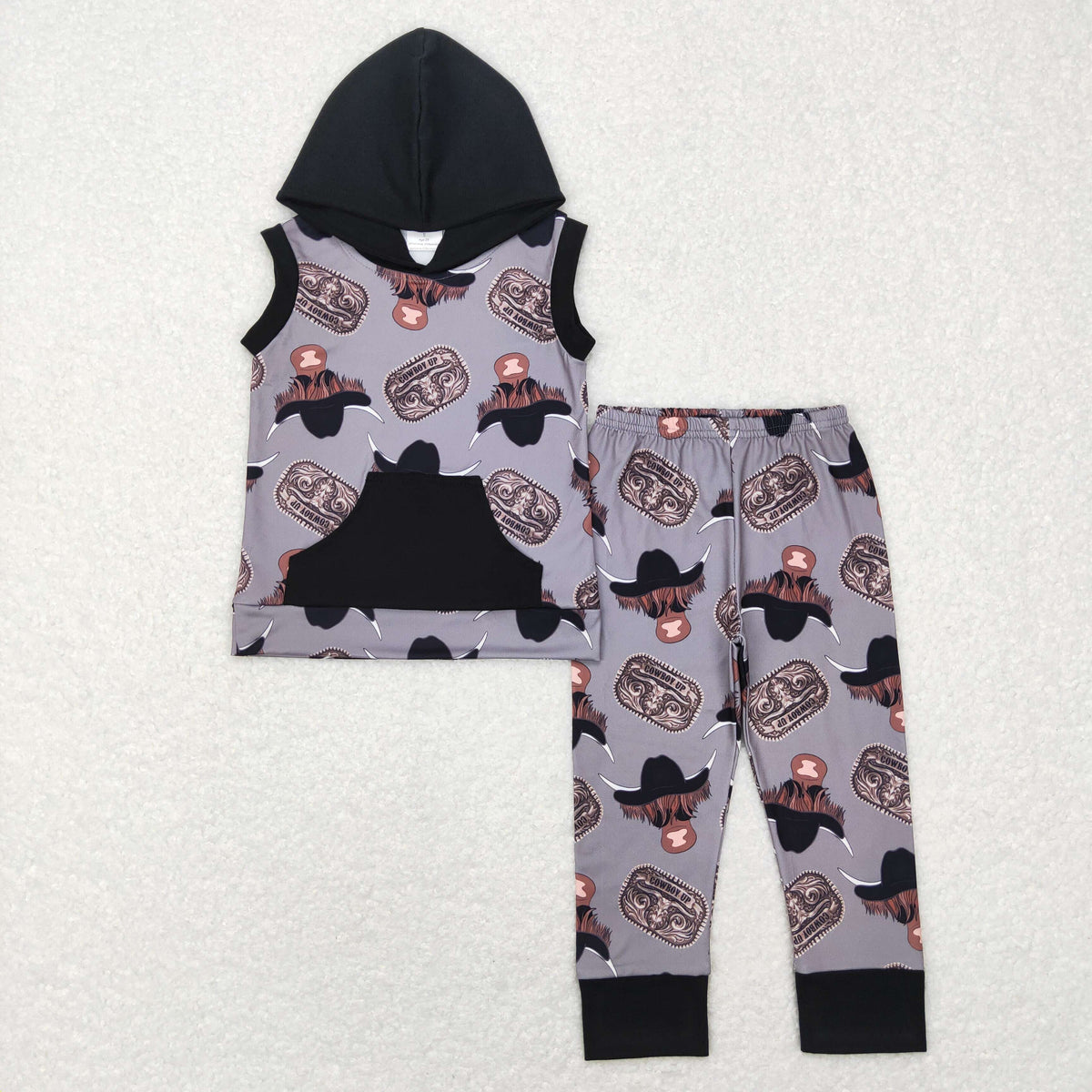BSPO0069 Western highland cow hat pocket sleeveless hoodie pants boys set