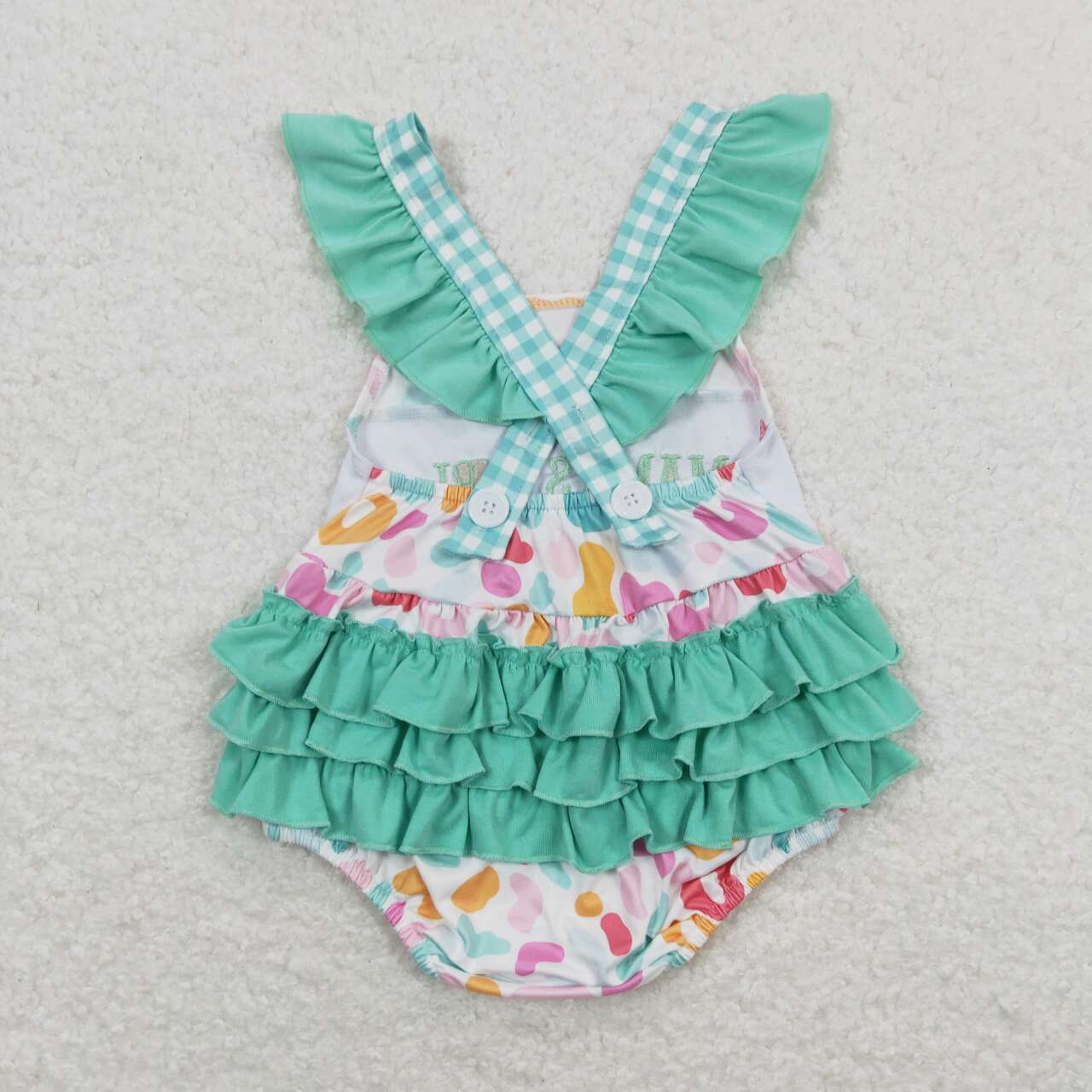 SR1246 embroidery mamas girl colorful leopard green flutter sleeve girls romper