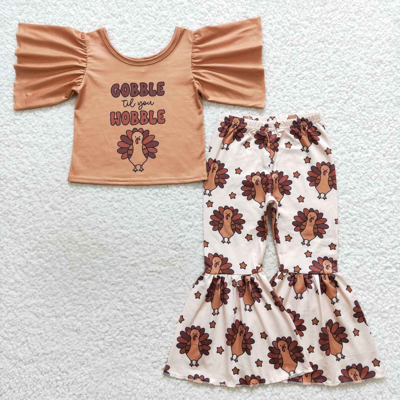 GSPO0702 Thanksgiving Gobble Short Sleeves Turkey Brown Pants Girls Set