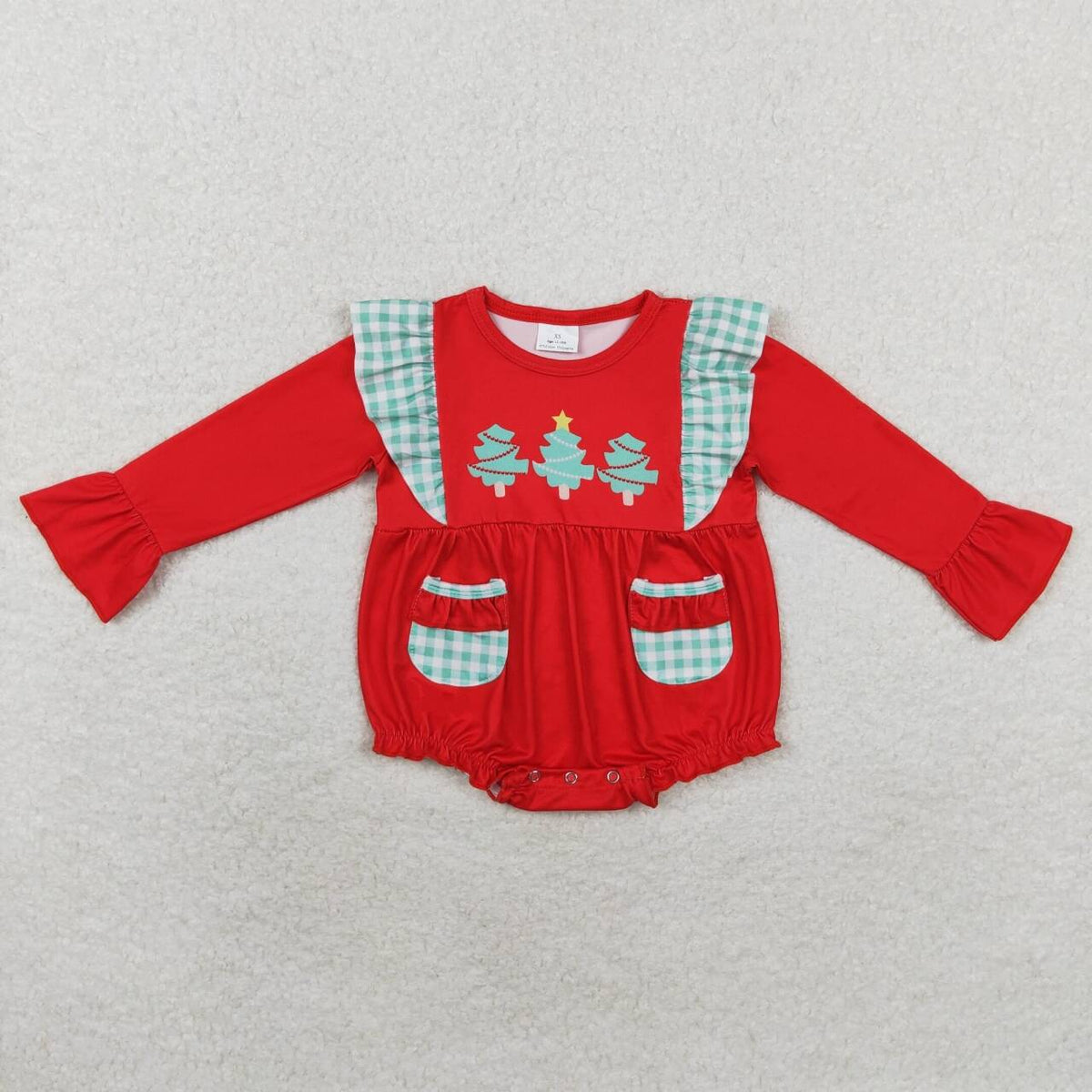 LR1161 Merry Christmas green tree pockets red long sleeve girls romper
