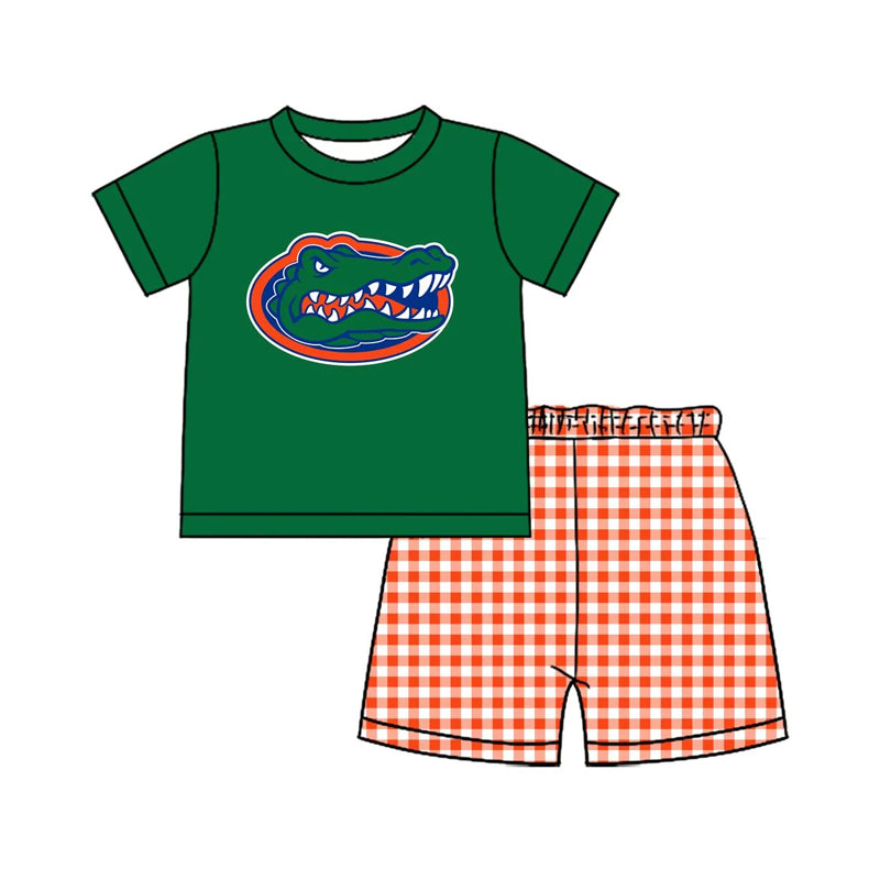 custom moq 3 football team crocodile green short sleeve orange checkered shorts bosy set