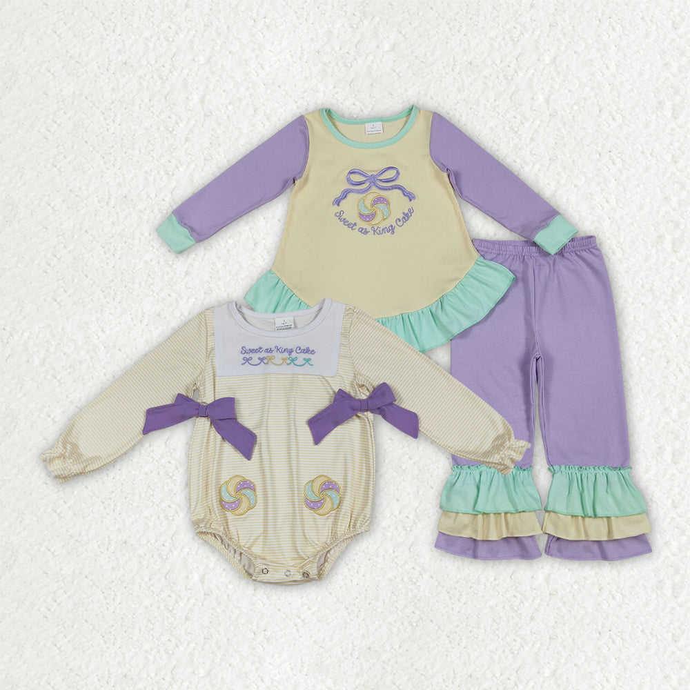 Embroidery Sweet as King Cake Set/Romper RTS Sibling Clothes