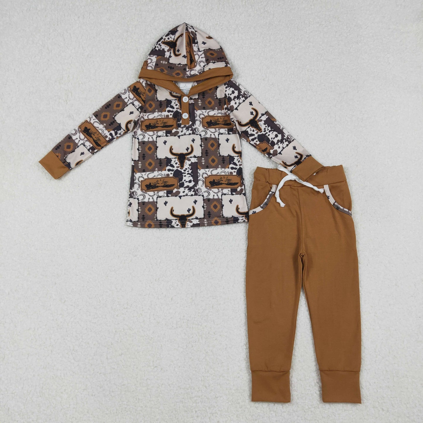 BLP1238 Western cow aztec hoodie long sleeve pants boys set