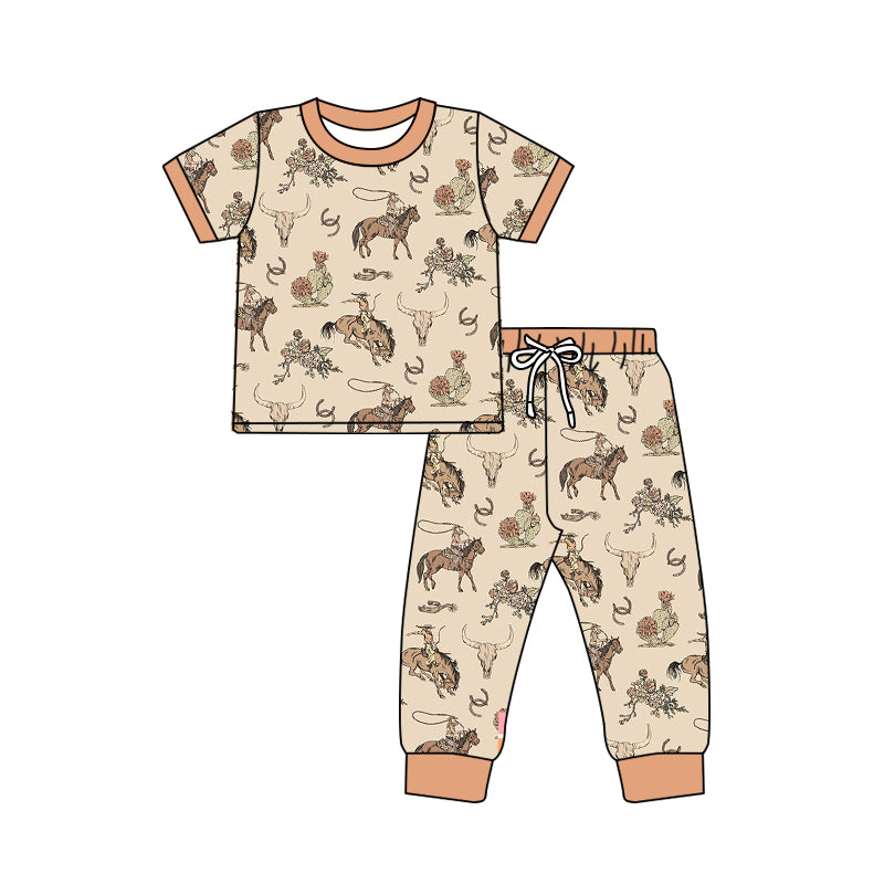 preorder BSPO0344 Western rodeo cow orange short sleeve pants boys pajamas