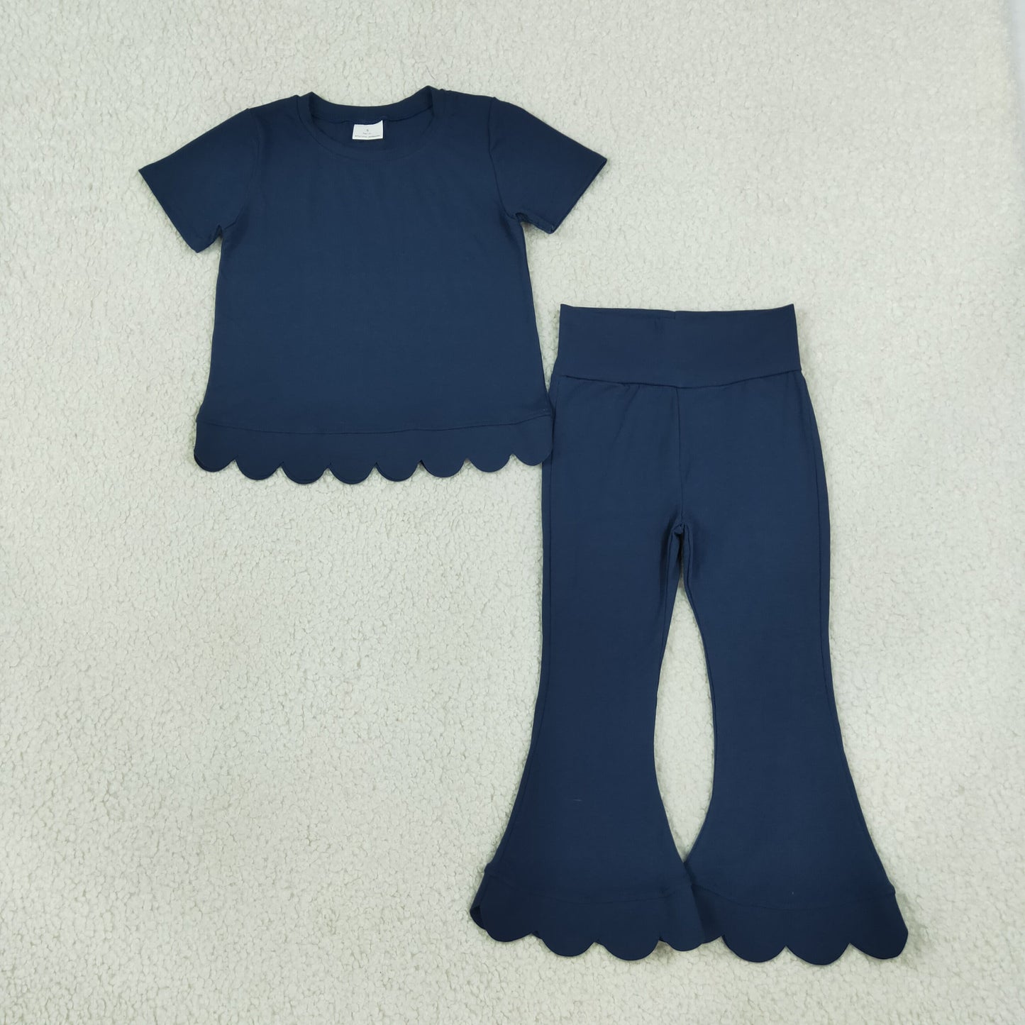 GSPO2343 Scallop Navy Blue Short Sleeve Pants Girls Set