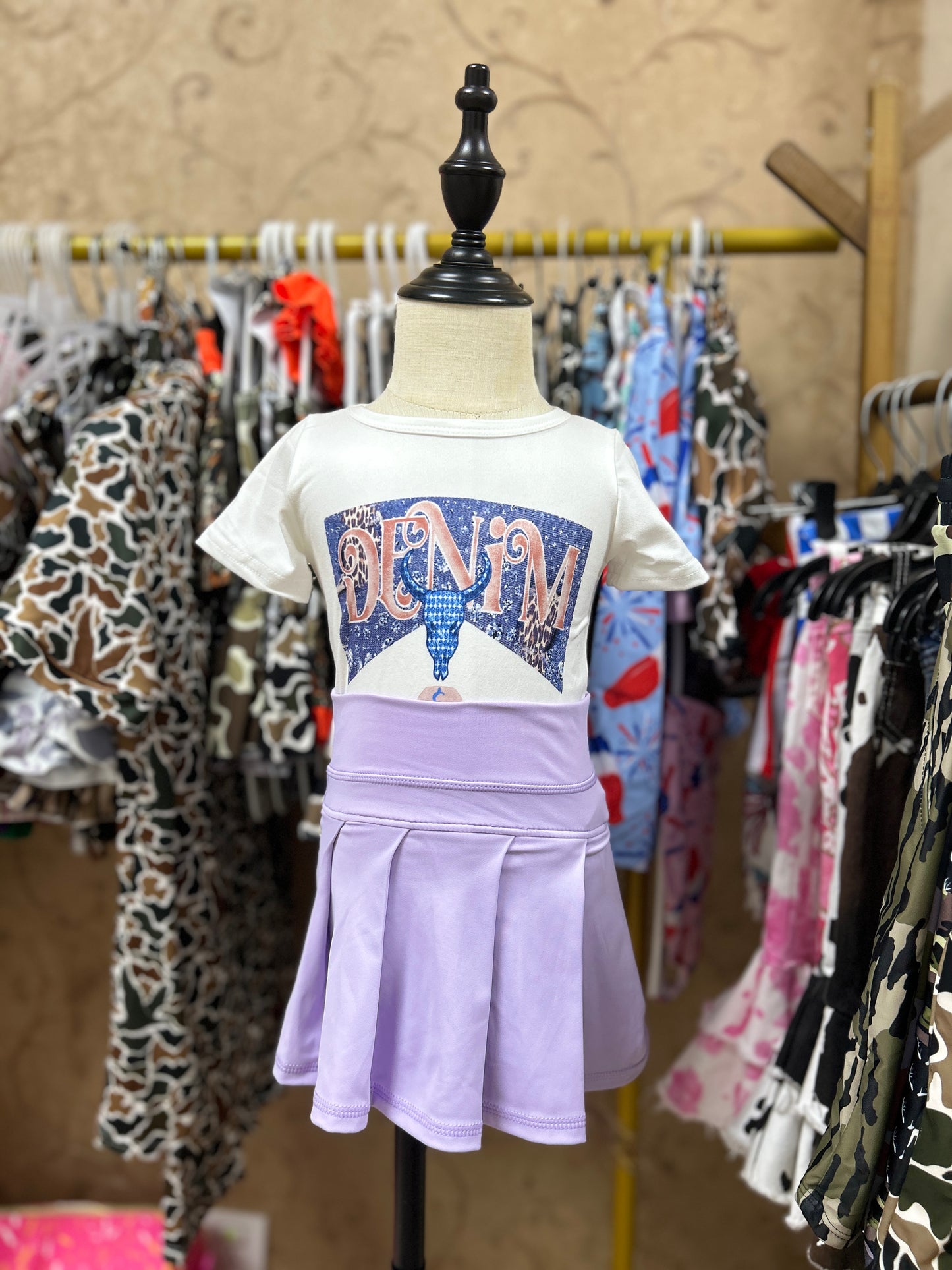Western blue cow short sleeve yoga light purple skirt skort girls set