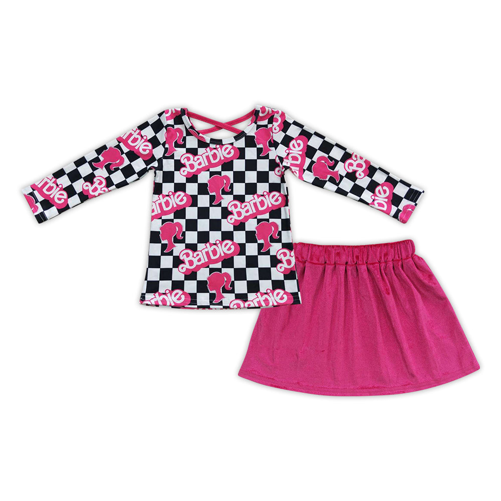 GLD0342 BA black plaid long sleeve girls top hot pink velvet skirt girls set