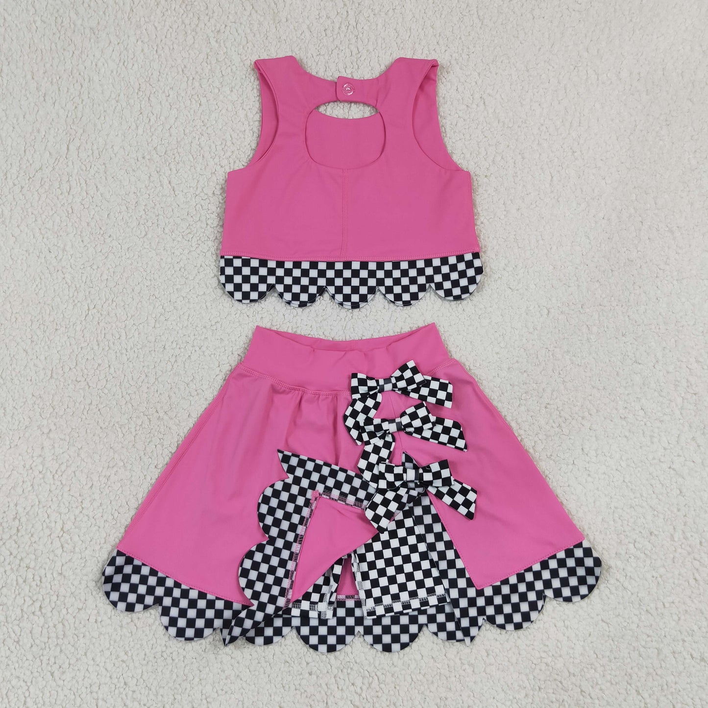 GSD3926 Yoga Scallop Hot Pink Sleeveless Skorts Bows Girls Set
