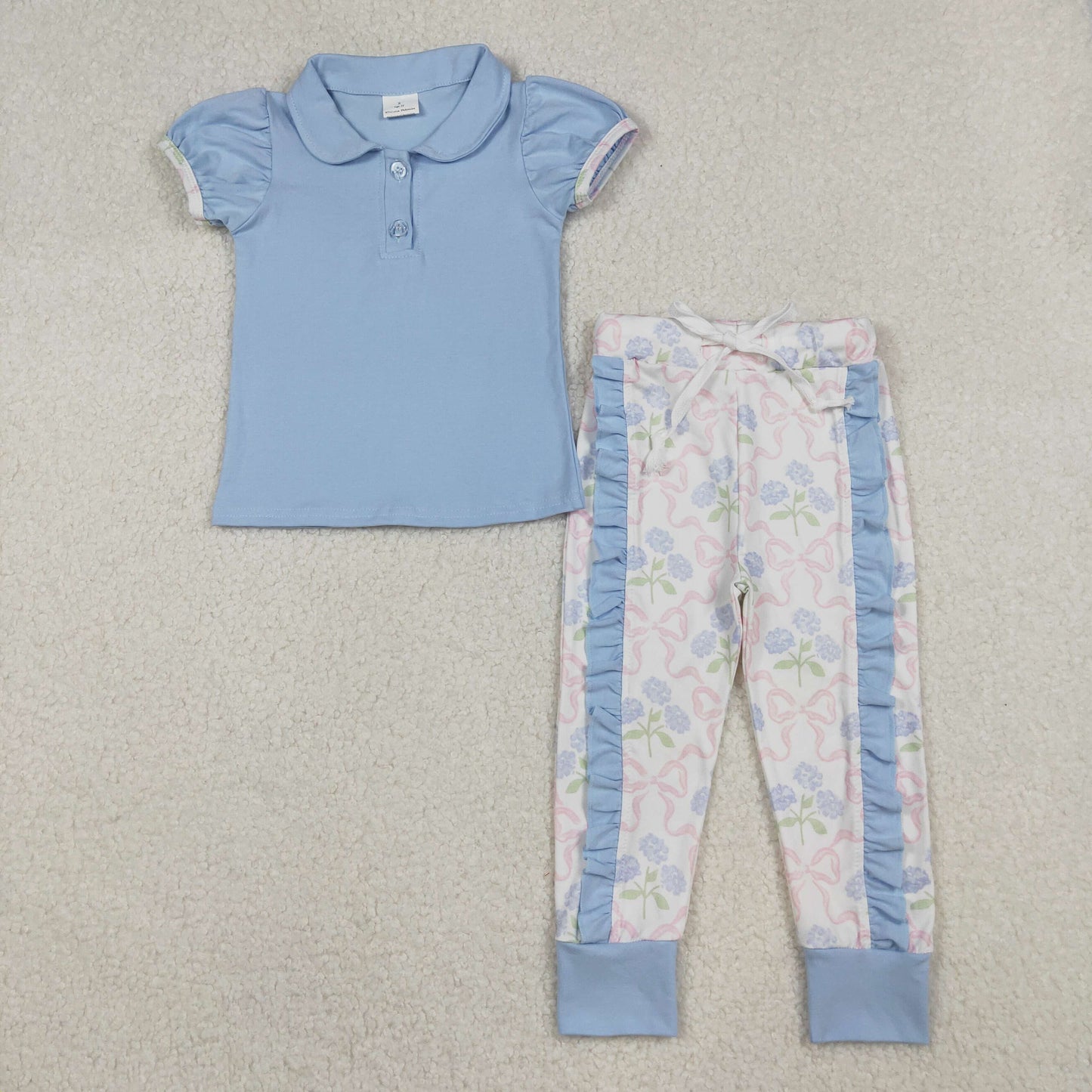 GSPO2069 blue short sleeve blue flowers floral bows ruffles pants girls set