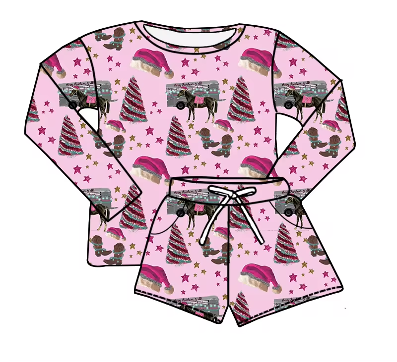 custom style Christmas tree hat hot pink long sleeve shorts kids set