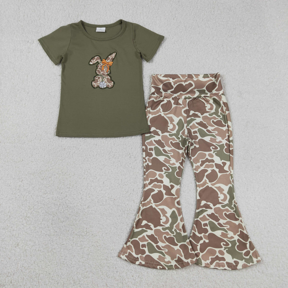 Embroidery GSPO2110 Easter Rabbit Short Sleeve Camo Pants Girls Set
