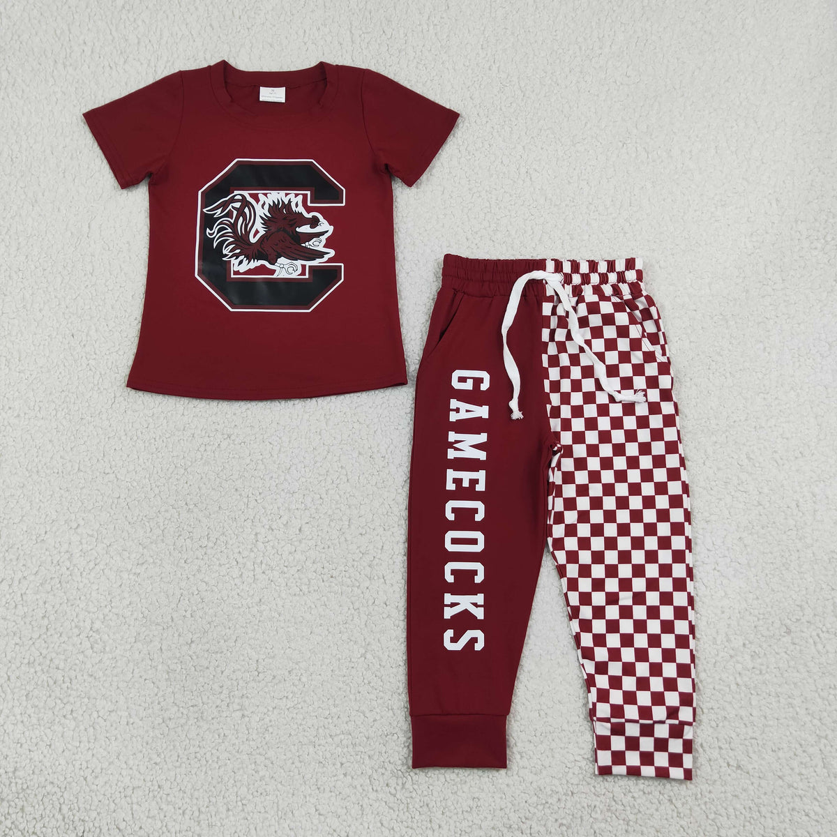 BSPO0701 Offset Printing GAMECOCKS Maroon Short Sleeve Checkered Pants Boys Set