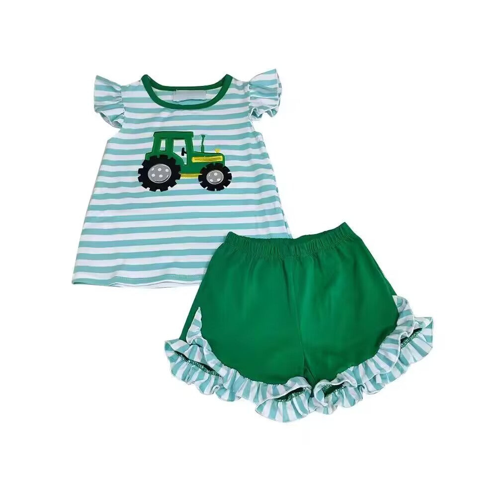 custom style farm tractor green striped flutter sleeve green shorts girls set