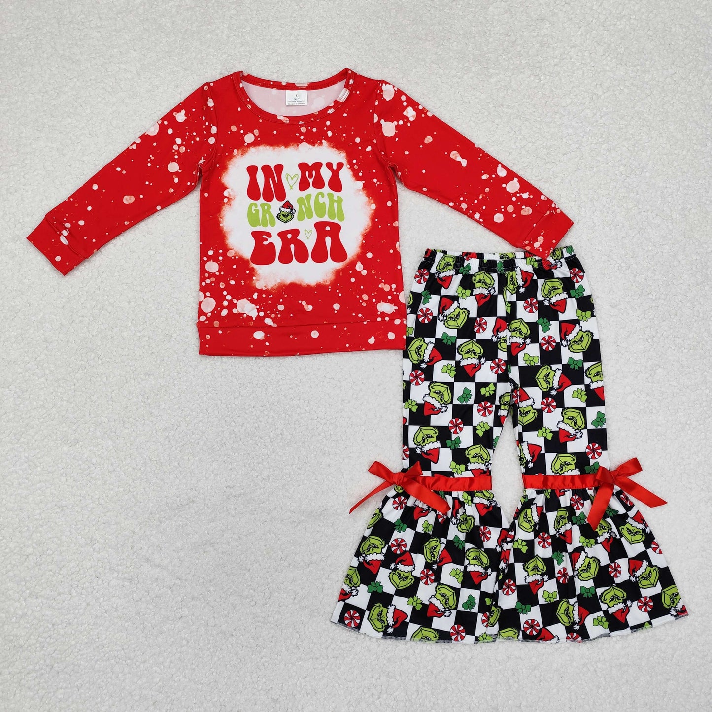 GLP1902 Christmas in my green face era red long sleeve black checkered pants girls set