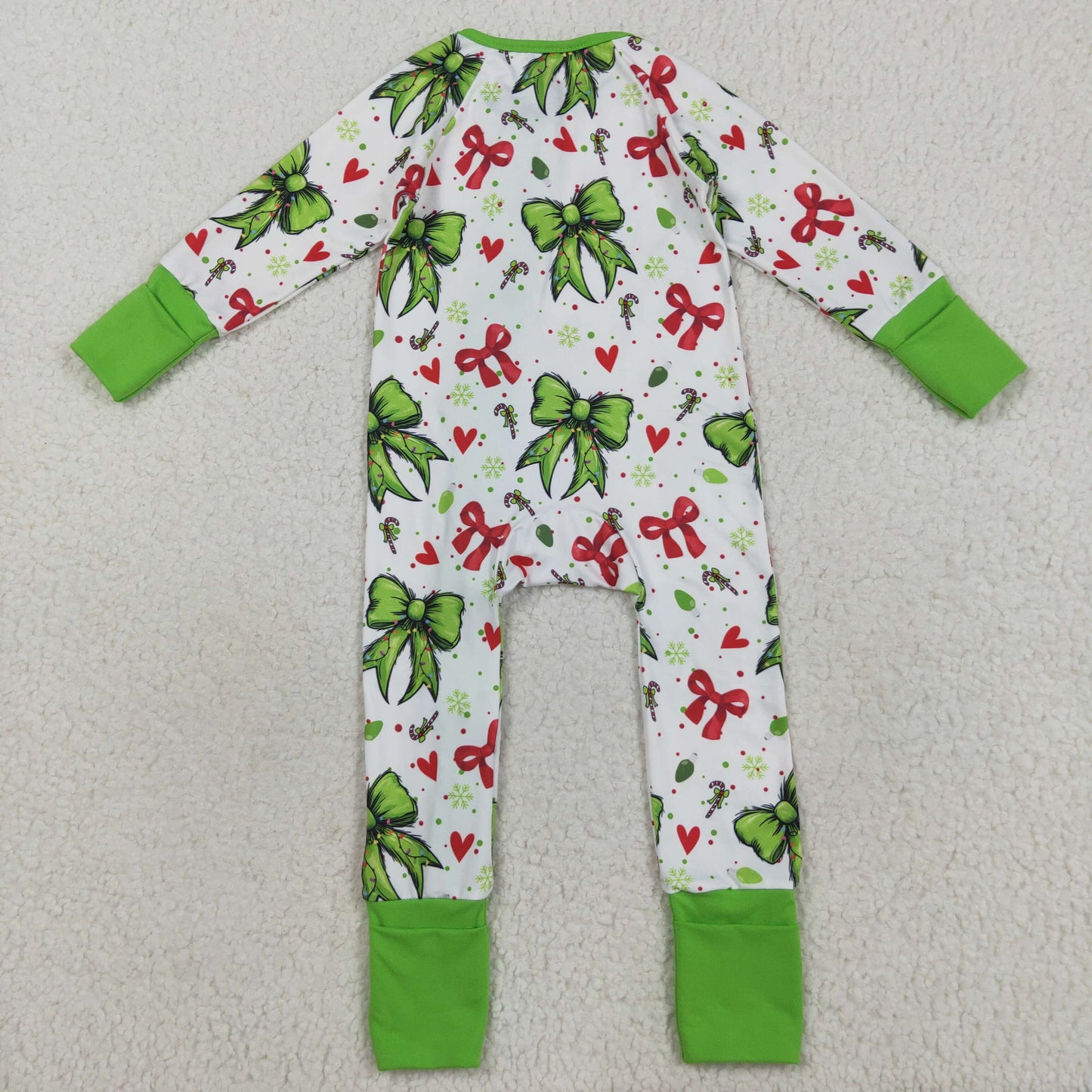 Custom moq 20 bamboo Christmas green red bows zipper long sleeve girls romper
